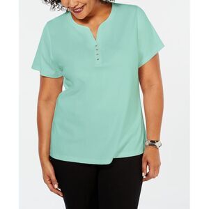 Plus Size Cotton Henley Top Aqua Ice 4X